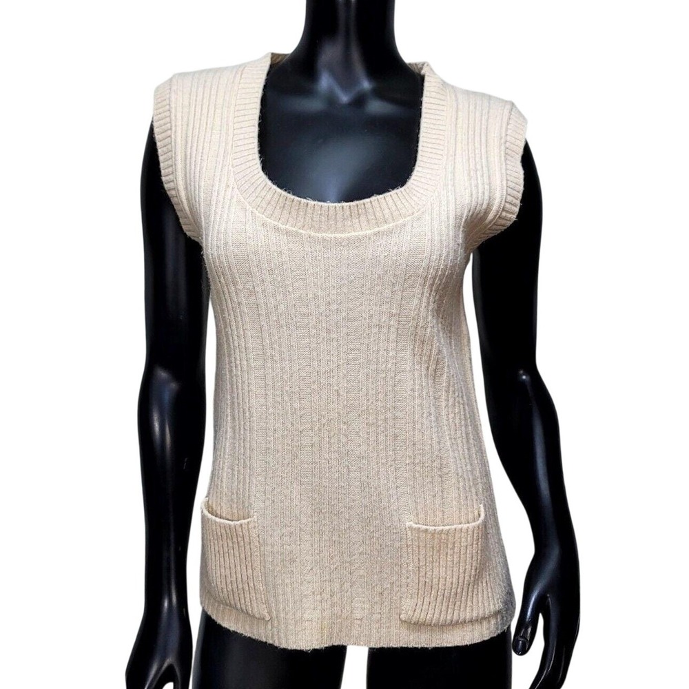 Vintage College Town Cream Ribbed Knit Scoop Neck Sweater Vest with Pockets